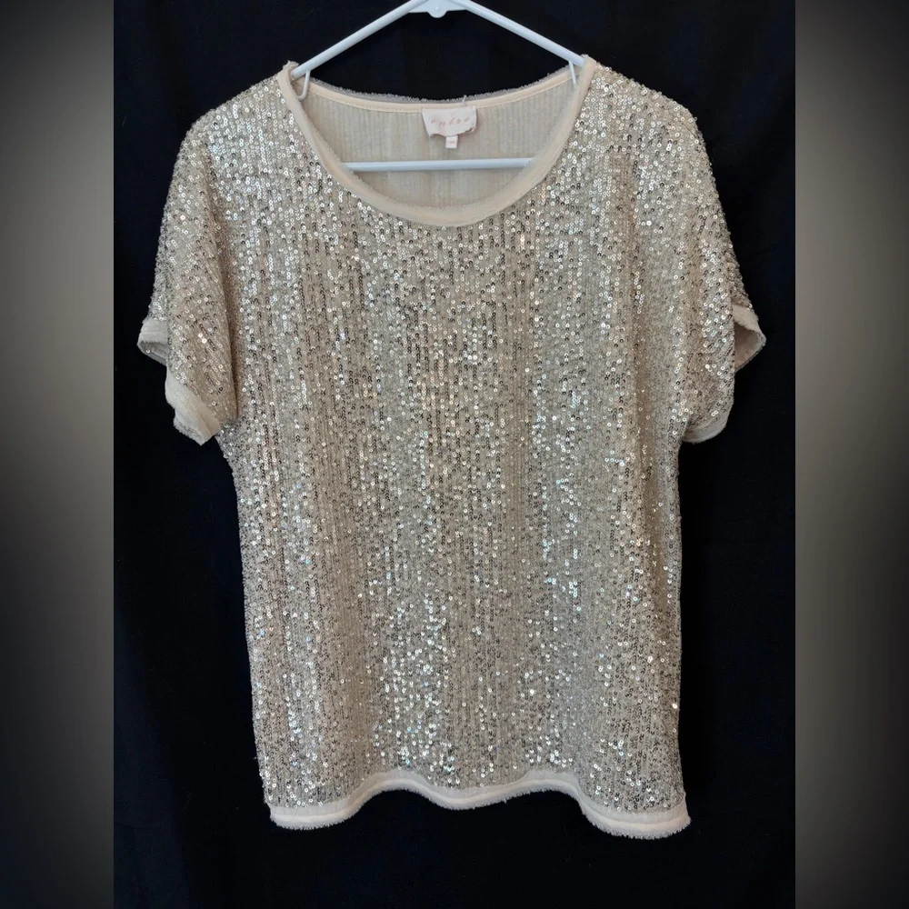 Entre Cream Sequined Short Sleeve Top Women’s Medium Style #T12850 Evening Party - Picture 2 of 8